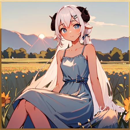 00006-1093745970-(masterpiece, best quality, detailed_1.5),(Dollie Hitsujida_1.1), white hair, sitting in flower field, sunset, long blue sun dre.png